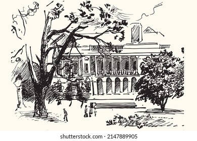 pompous building in the park with people