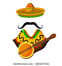 Guitarra Poncho y Banjo. Vestido nacional. Disfraz latino. Sombrero y bigote. Dibujo plano aislado en blanco