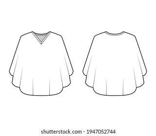 Poncho coat technical fashion illustration with V-neck collar, oversized trapeze body, fingertip length. Flat jacket template front, back, white color style. Women, men, unisex top CAD mockup