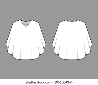 Poncho Coat Technical Fashion Illustration With V-neck Collar, Oversized Trapeze Body, Fingertip Length. Flat Jacket Template Front, Back, White Color Style. Women, Men, Unisex Top CAD Mockup