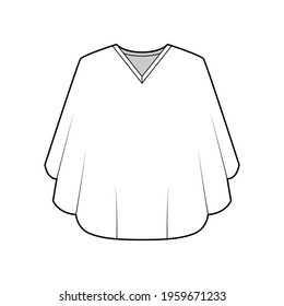 Poncho coat technical fashion illustration with V-neck collar, oversized trapeze body, fingertip length. Flat jacket template front, white color style. Women, men, unisex top CAD mockup