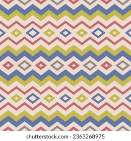 Poncho Geometric Shape Square ZigZag Seamless Repeat Vector Tile Pattern. Green, Blue, Red, Grey, Natural Colour. Background, Texture, Textile, Wallpaper, Print, Web.