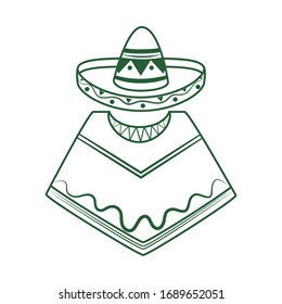 poncho and hat traditional cinco de mayo mexican celebration vector illustration line style icon