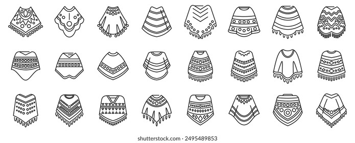 Poncho icons set. Large set of different ponchos with ethnic ornaments showing latin american culture, traditional clothes with various decorations