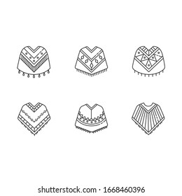 Poncho pixel perfect linear icons set. Mexican, Peruvian, Brazilian wear. Hispanic ethnic woolen clothes. Customizable thin line contour symbols. Isolated vector outline illustrations. Editable stroke