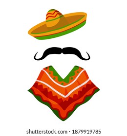 Poncho. Red and orange Mexican Cape. National dress. Latin costume. Sombrero hat and mustache. Flat cartoon illsutration isolated on white