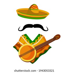 Poncho. Red and orange Mexican Cape. National dress. Latin costume. Sombrero hat and mustache. Flat cartoon illustration isolated on white