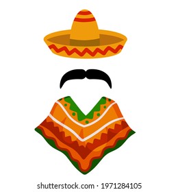 Poncho. Red and orange Mexican Cape. National dress. Latin costume. Sombrero hat and mustache. Flat cartoon illsutration isolated on white