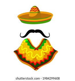Poncho. Red and orange Mexican Cape. National dress. Latin costume. Sombrero hat and mustache. Flat cartoon illustration isolated on white