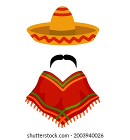 Poncho. Red and orange Mexican Cape. National dress. Latin costume. Sombrero hat and mustache. Flat cartoon isolated on white