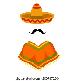 Poncho. Red and orange Mexican Cape. National dress. Latin costume. Sombrero hat and mustache. Flat cartoon isolated on white