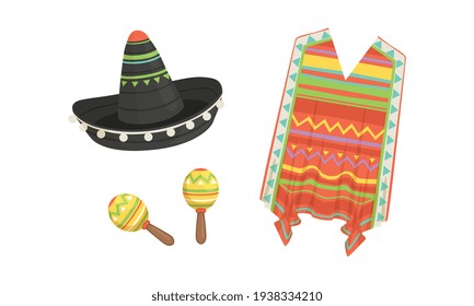 Poncho, Sombrero Hat and Maracas, Traditional Symbols of Mexico Set Cartoon Vector Illustration