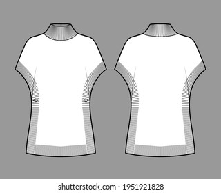 Poncho Sweater technical fashion illustration with rib turtleneck, short batwing sleeves, oversized, hip length, knit trim. Flat apparel front, back, white color style. Women, men unisex CAD mockup