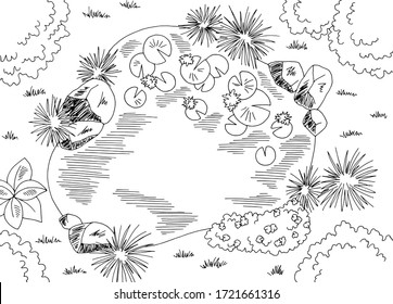 Pond aerial top view from above graphic black white landscape sketch illustration vector