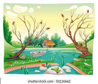 Pond and animals. Funny cartoon and vector illustration