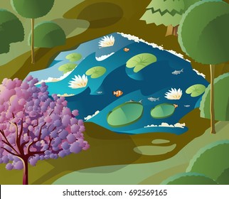 pond with aquatic plants in swamp forest