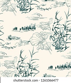 pond ducks burdock nature landscape view vector sketch illustration japanese chinese oriental line art ink seamless pattern