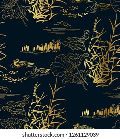 pond ducks burdock nature landscape view vector sketch illustration japanese chinese oriental line art ink seamless pattern