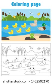 Pond with ducks, cartoon style, coloring page, education paper game for the development of children, kids preschool activity, printable worksheet, vector illustration