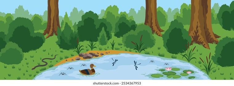 Ecossistema de lagos. Ecossistema de com animais diferentes em seu habitat natural. Estrutura de ecossistema de lagos para lições de biologia. Ilustração de desenho animado vetorial