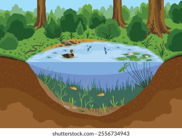 Pond ecosystem. Ecosystem of with different animals in their natural habitat. Pond ecosystem structure for biology lessons. Vector cartoon illustration