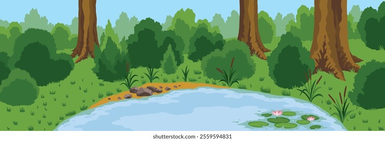 Pond ecosystem. Ecosystem of with different animals in their natural habitat. Pond ecosystem structure for biology lessons. Vector cartoon illustration