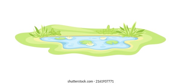 Pond Filled with Natural Water and Green Grassy Bank Vector Illustration