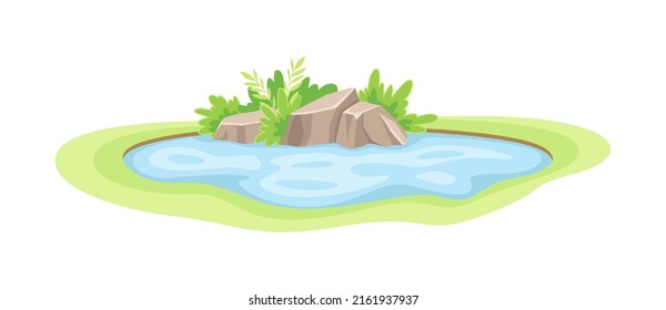 Pond Filled with Natural Water and Green Grassy Bank Vector Illustration