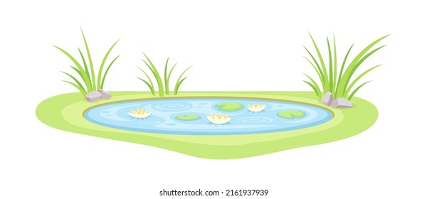 Pond Filled with Natural Water and Green Grassy Bank Vector Illustration