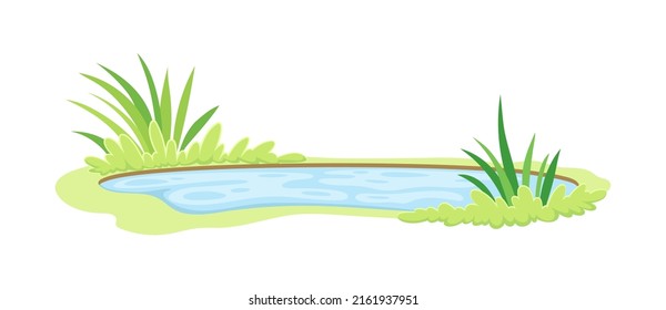 Pond Filled with Natural Water and Green Grassy Bank Vector Illustration