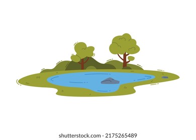 Pond Filled with Natural Water and Green Grassy Bank Vector Illustration