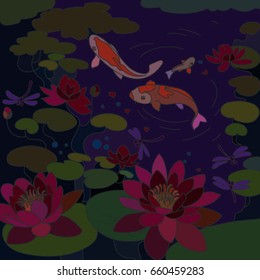 Pond with fish, lilies and dragonflies