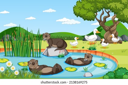 Pond in the forest background with otters and ducks illustration