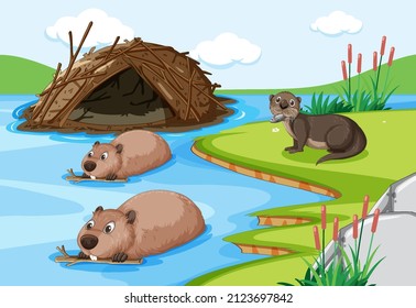 Pond forest scene with beavers and otters