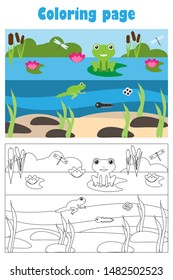 Pond with frog, cartoon style, coloring page, education paper game for the development of children, kids preschool activity, printable worksheet, vector illustration