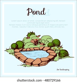 Pond in the garden and park design. Pond for landscaping.