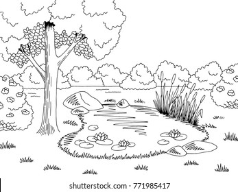 Pond graphic black white lake landscape sketch illustration vector