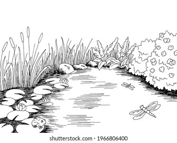 Pond Graphic Black White Landscape Sketch Illustration Vector 