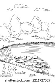 Pond graphic black white landscape sketch vertical illustration vector 