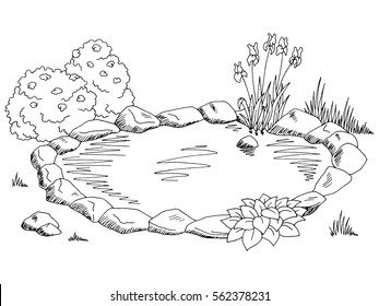 Pond Graphic Black White Landscape Sketch Illustration Vector