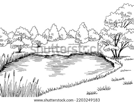 Pond graphic black white landscape sketch illustration vector 
