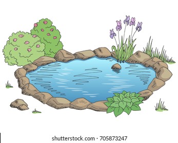 Pond graphic color landscape sketch illustration vector
