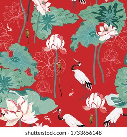 A pond with huge flowers and lotus leaves and red-headed cranes hunting fish. Seamless floral vector pattern with scarlet red color background. A square repeating design based on Chinese painting.