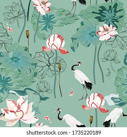 Un estanque con flores enormes y hojas de loto y grúas de cabeza roja cazando peces. Patrón vectorial floral sin fisuras con fondo de color verde de sabio claro. Diseño de repetición cuadrada basado en pintura china