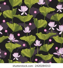 Pond inspired pattern with delicate water lilies buds and leaves. Vector seamless pattern design for textile, fashion, paper, packaging, wrapping and branding