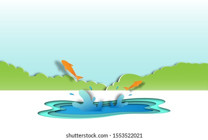 pond with jumping fish and water splash vector illustration in paper art style design. can use for wallpaper, book cover, ecology and environment illustration. vector illustration