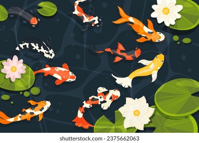 Estanque con peces koi. Pescado de oro decorativo exótico, carpa china de dibujos animados nadando en lago con flores de loto al estilo de las caricaturas. Ilustración vectorial. Animales acuáticos con plantas florecientes