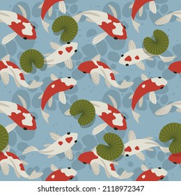 Pond with koi fish. Seamless pattern on a blue background.