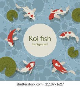 Estanque con peces koi. Banner cuadrado con lugar para texto. Ilustración vectorial.