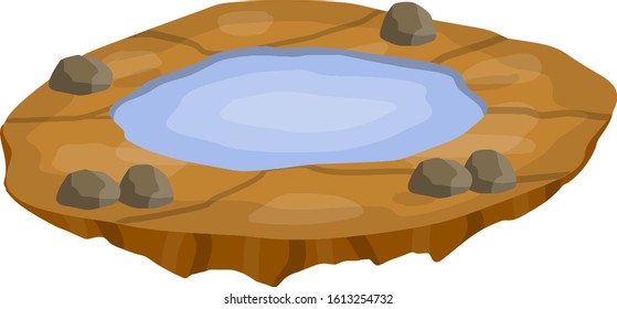 Pond and lake. Brown Landscape with sand and clay, stones. Platform and ground. Background for illustration. Flat cartoon. Element of nature, water and desert